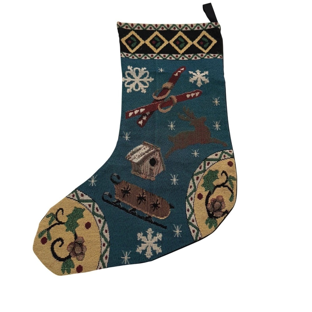 Vintage Tapestry Christmas Stocking Teal Reindeer Skis Sled Winter Scene Woven